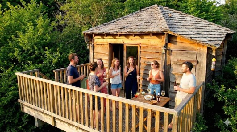 des collègues prennent l'apéritif pendant leur séminaire en cabane