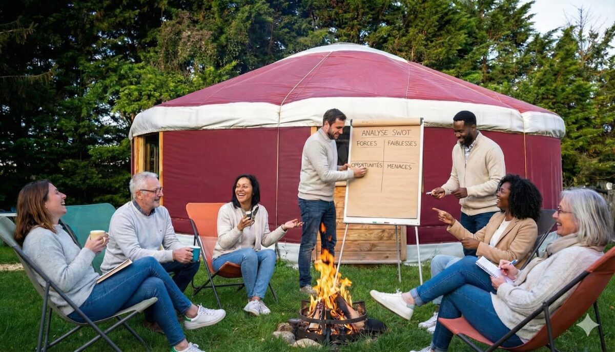 des collègues de travail réalisent une analyse SWOT au cours d'un séminaire nature autour de Paris, en région Centre