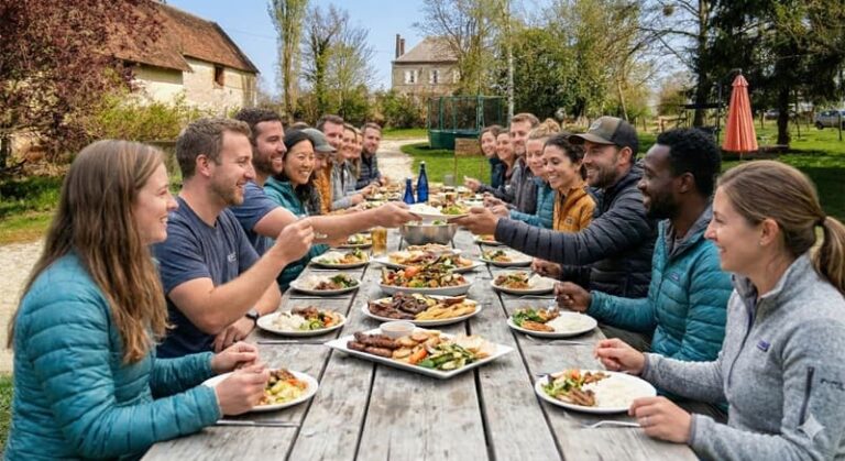 des collègues partagent un repas convivial au cours de leur séminaire nature près de Paris, en région Centre Val de Loire