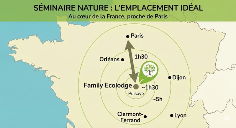 une carte de France où l'on voit la position centrale en France du lieu de séminaire Family Ecolodge Puisaye