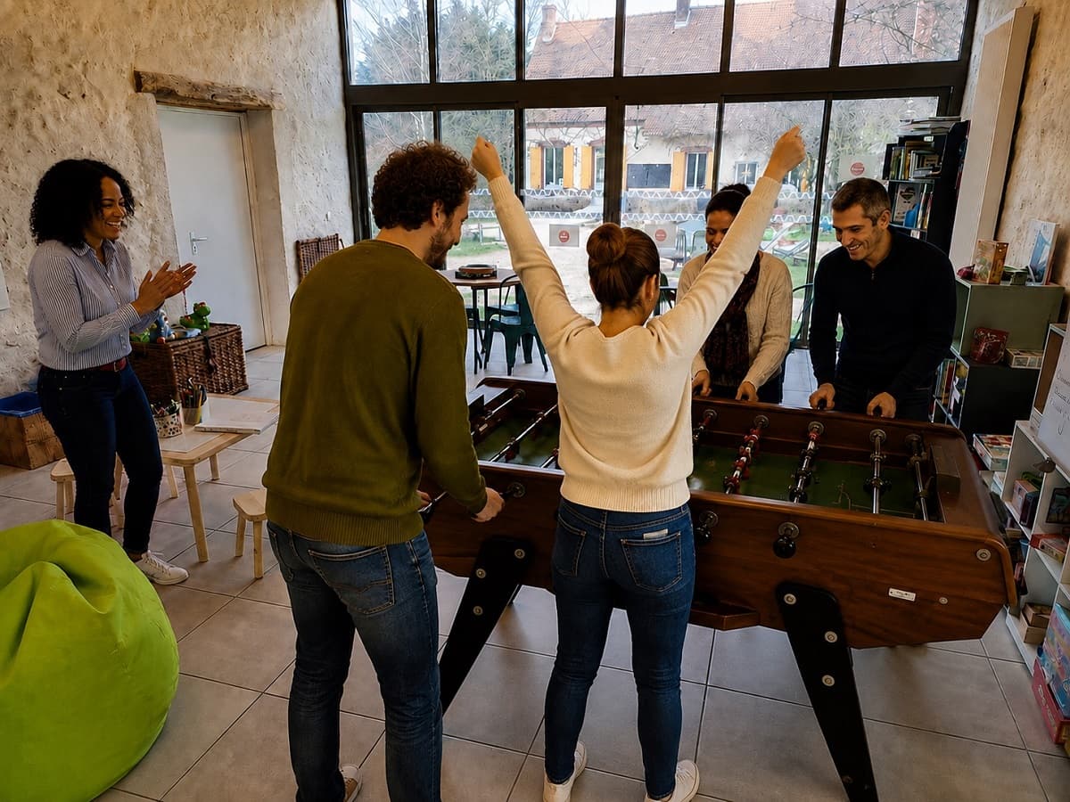 une partie de babyfoot pendant un séminaire d'entreprise