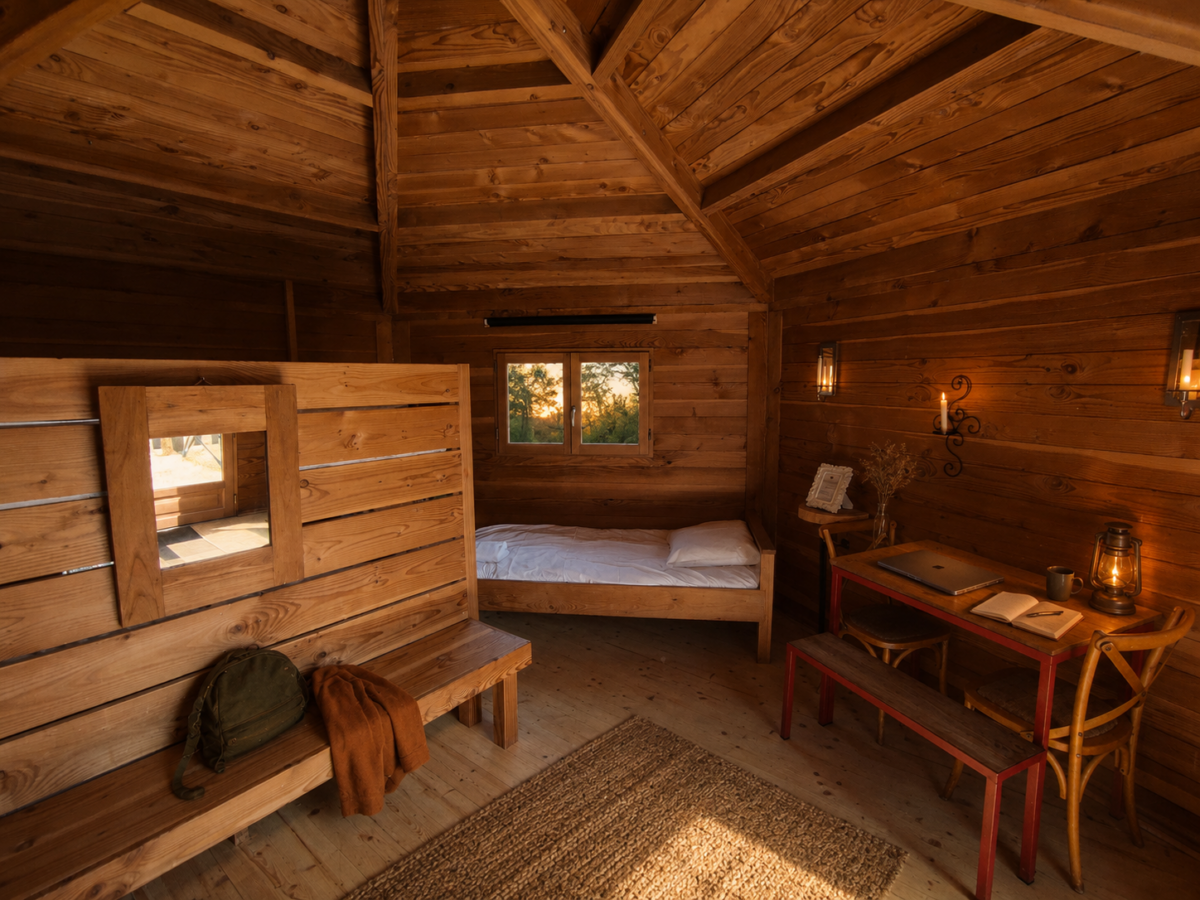 Intérieur chaleureux d’un hébergement insolite en bois avec espace de travail et couchages, idéal pour un séminaire d’entreprise favorisant les retrouvailles en vrai et la déconnexion au vert.