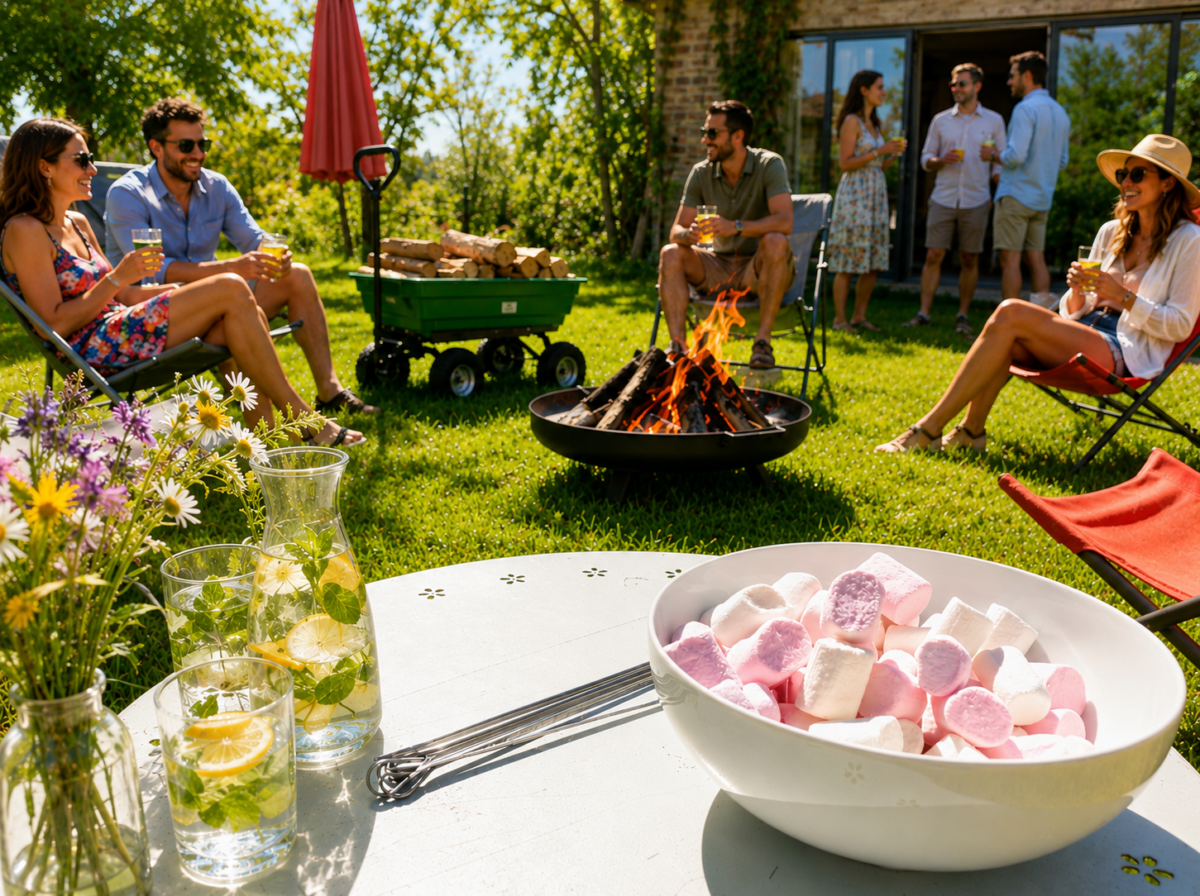 Collaborateurs en séminaire d’entreprise profitant d’un feu de camp convivial dans le jardin du Family Ecolodge en été, avec transats, boissons fraîches et ambiance détente au vert.