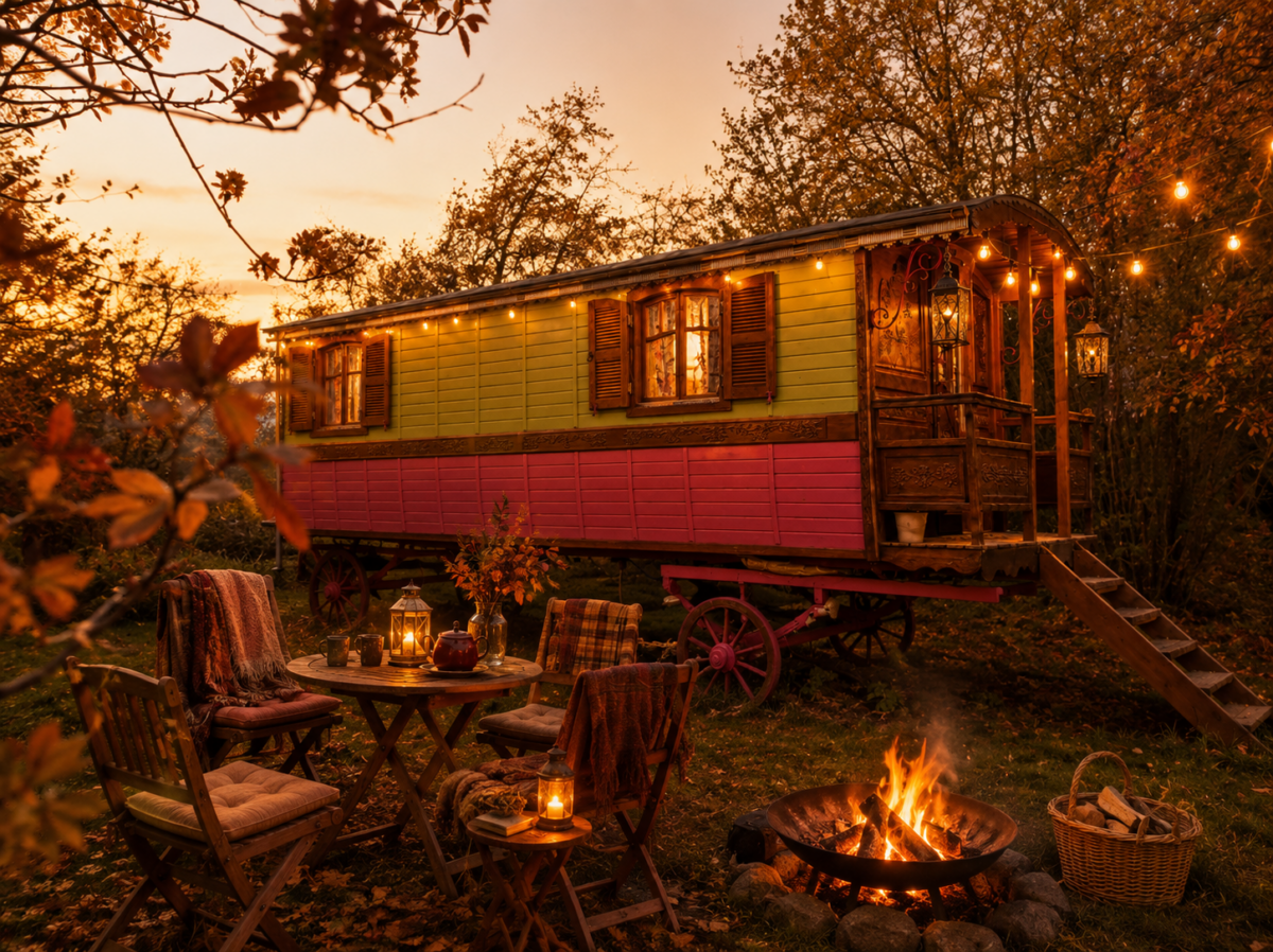 Roulotte bohème illuminée au coucher du soleil avec feu de camp et espace détente extérieur, idéale pour un séminaire d’entreprise convivial permettant aux équipes de se retrouver en vrai dans un cadre nature.