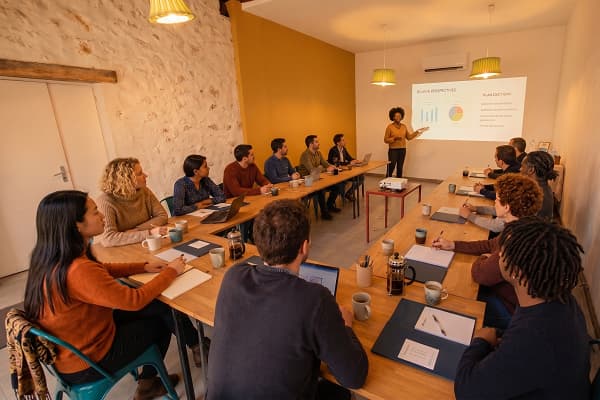 un groupe de collaborateur est réuni dans une salle de travail durant un séminaire chaleureux.